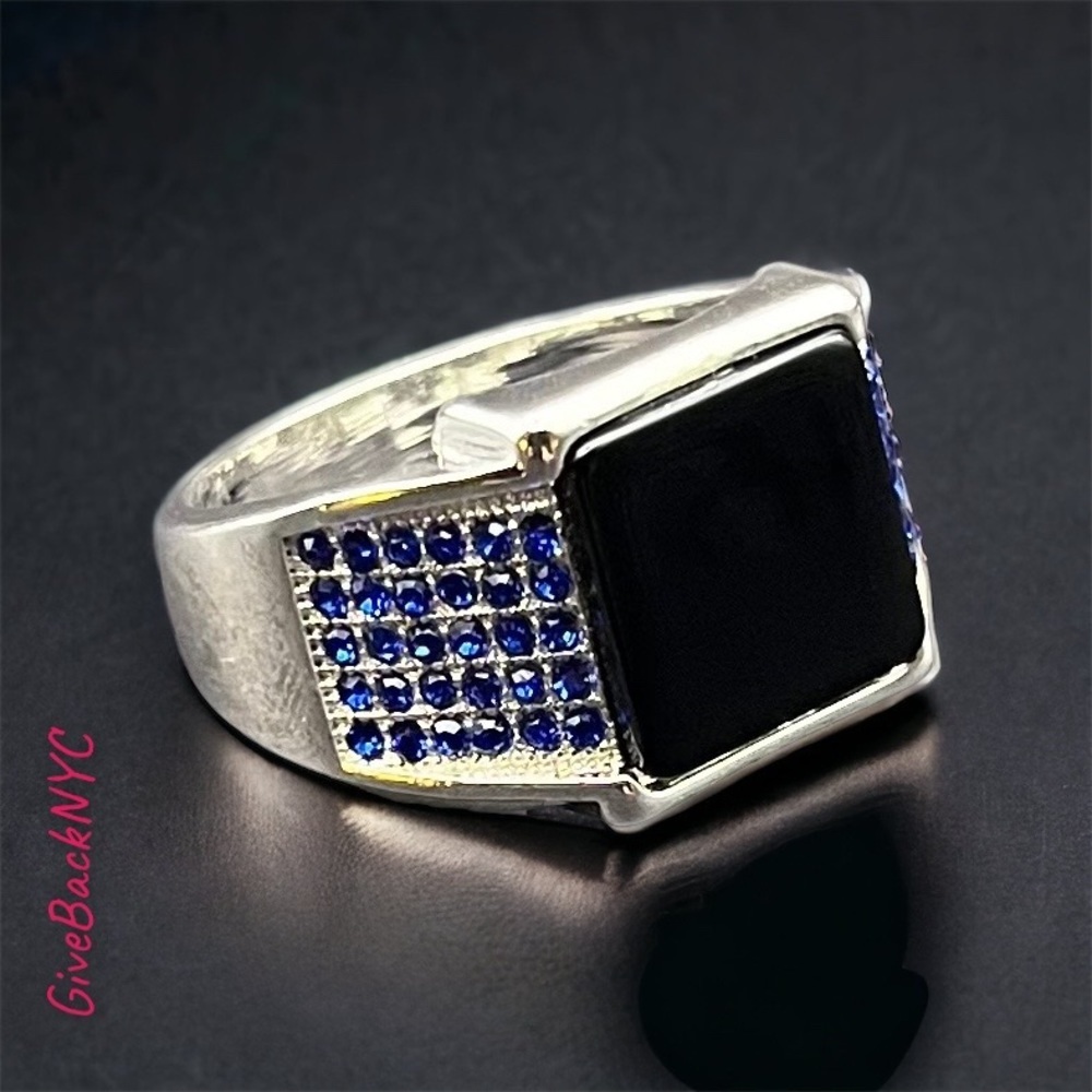 Silver Toned Square Black Onyx Ring Size 13